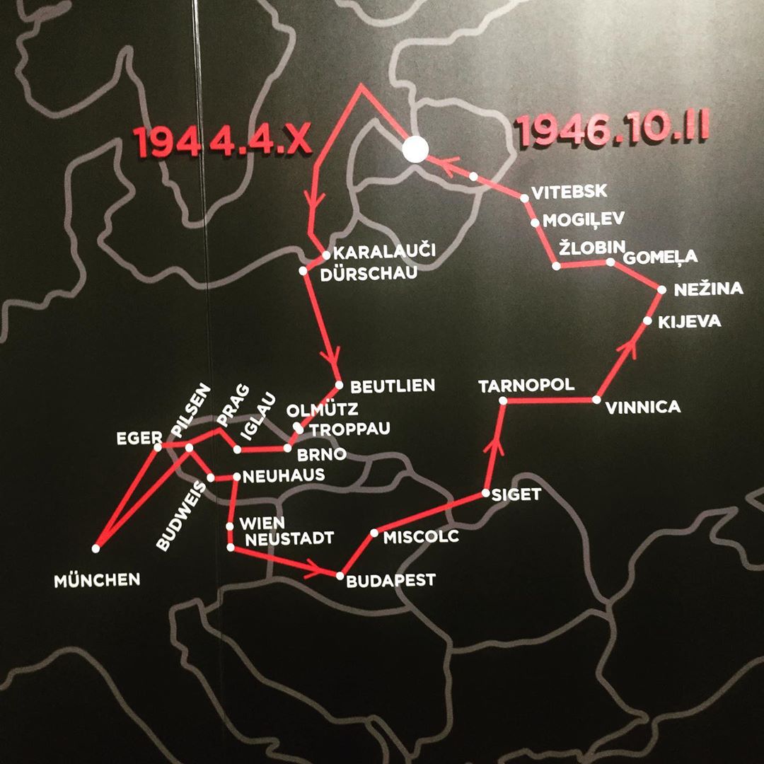 Here is the map where Mērija Grīnberga went with Latvian heritage artifacts. She had 700 (!) boxes at the beginning. Of course, at the journey end there were around 400 left. The official reason was to take them away from active war zone closer to Germany.