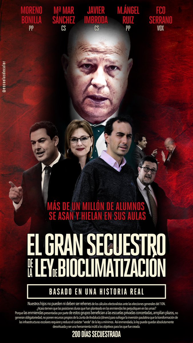 5 Secuestradores,1 líder. Más d 1M d alumnos secuestrados.
Casi 200 días lleva #secuestrada la #LeydeBioclimatización d los C.Educativos Públicos x intereses partidistas.
<a href="/JuanMa_Moreno/">Juanma Moreno</a>
@MiguelAngelRuiz
<a href="/MarSanchezCs/">Mar</a>
@javierimbroda
<a href="/FSerranoCastro/">Francisco Serrano</a>

#AulasSíSaunasNo