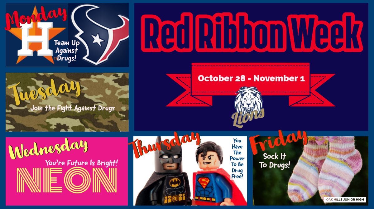 It’s Red Ribbon Week! Wear your favorite jersey and “Team Up Against Drugs!” <a href="/oakhillslions/">The Lions Den</a> <a href="/ela8_ohjh/">OHJH ELA 8</a> #RedRibbonWeek