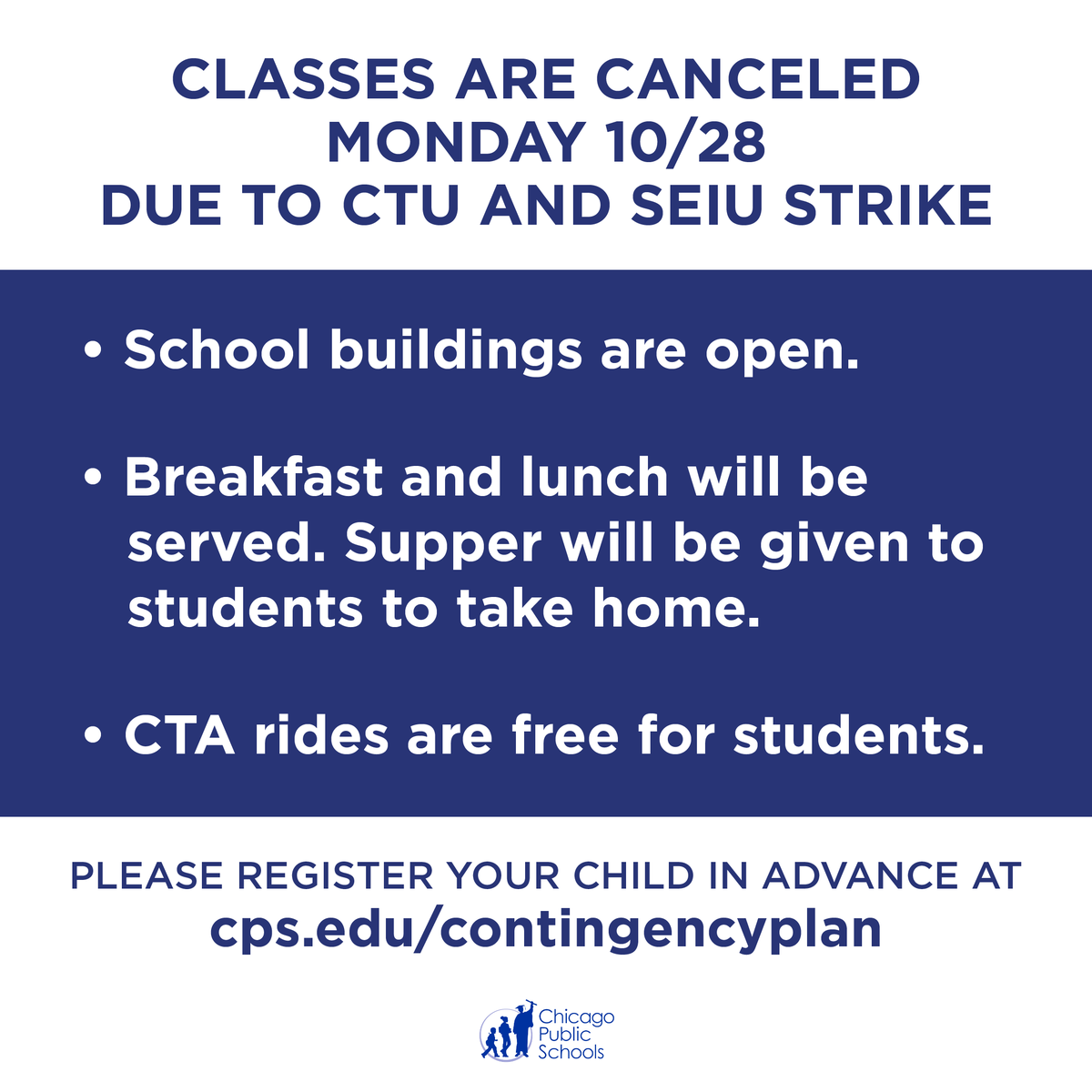 ChiPubSchools's tweet photo. As of 4 p.m., CTU leadership has informed us that there is no possibility of a deal today. As a result, it will not be possible to hold classes tomorrow, Monday, 10/28. After school programming will not be available at CPS schools. https://t.co/q0nQPR7VLL https://t.co/fTOaZvVViS