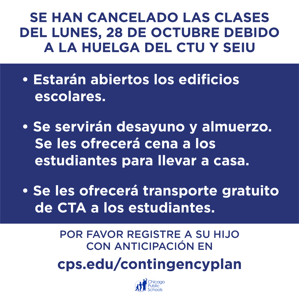 ChiPubSchools's tweet photo. As of 4 p.m., CTU leadership has informed us that there is no possibility of a deal today. As a result, it will not be possible to hold classes tomorrow, Monday, 10/28. After school programming will not be available at CPS schools. https://t.co/q0nQPR7VLL https://t.co/fTOaZvVViS