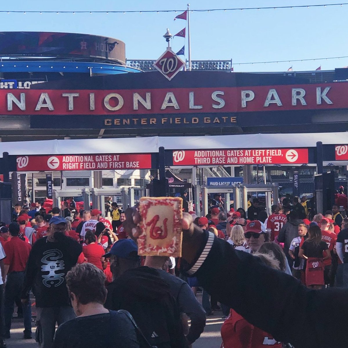 AloonaticMc's tweet photo. Nats Tart made it to game 5! #powerpoptart @TedsBULLETIN @Nationals #finishthefight #STAYINTHEFIGHT #curlyw https://t.co/Q9cBRaOX79
