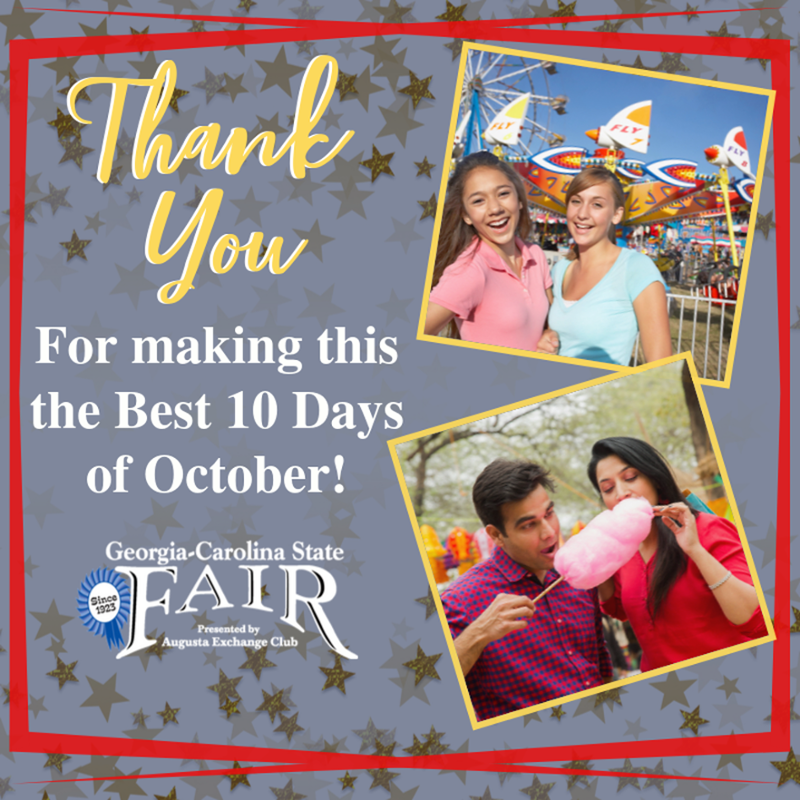 GaSc_StateFair's tweet photo. Thank you CSRA for the Best 10 Days of October! We hope you had as much fun as we did🎢🎠🎡
#GeorgiaCarolinaStateFair #itsbigfun2019 #thebest10daysofoctober #GCSF #fairrides https://t.co/Lg6twhGHzD