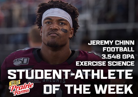 SIUSalukis's tweet photo. All-American safety Jeremy Chinn's two interceptions led @SIU_Football to a 48-28 road win at South Dakota. He's our Prairie Farms Student-Athlete of the Week. #Salukis #STUDENTathletes https://t.co/FXVD8xbzy6