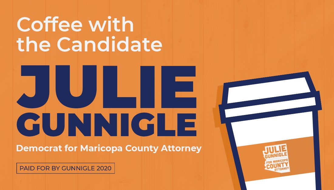 This Saturday (11/2) we have a “Coffee with the Candidate” in Peoria from 9-10:30am at Driftwood Coffee Co! Join us and hear about why I’m running for Maricopa County Attorney.

Spread the word and hope to see you there! @LD29Democrats @LD30AZDems #LD20 #LD21