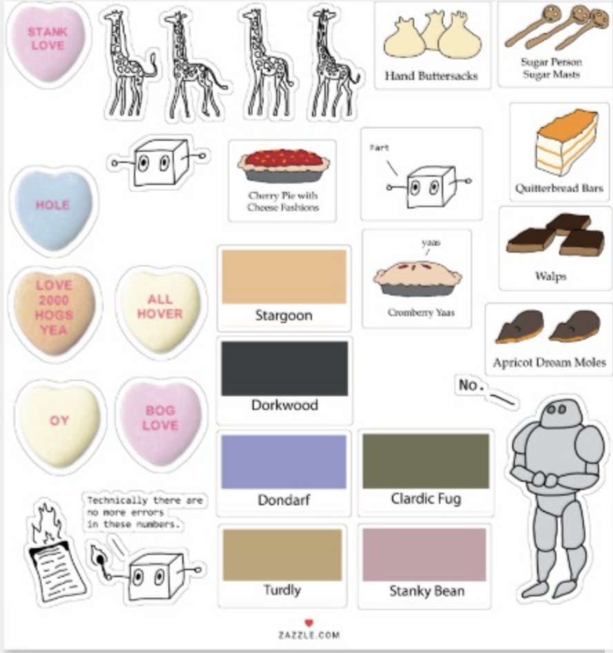 sticker sheet has giraffes, robots, candy hearts, cookies, paint colors