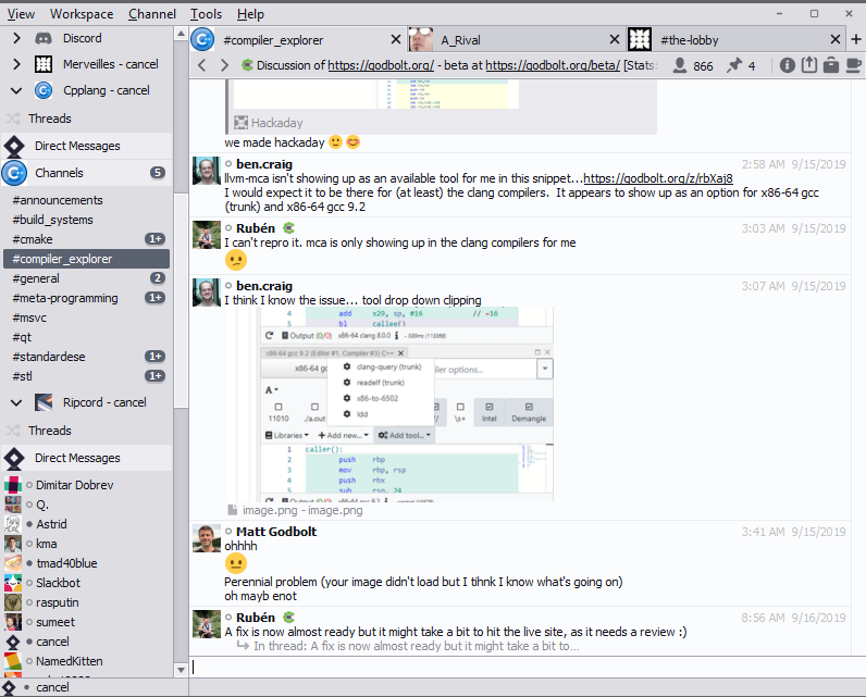 tumult's tweet photo. Here it is, at long last:

Ripcord, the cross-platform, not-a-web-browser desktop client for Slack (and Discord.) Shareware is back.

https://t.co/djd3tJ1VAx https://t.co/MVUE7Lvj86