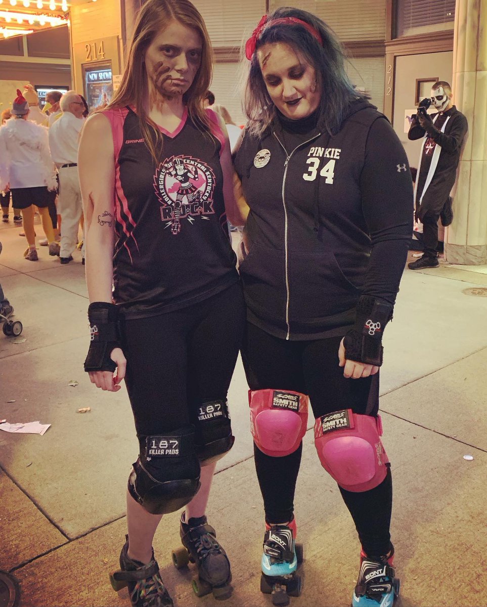 RollerDerbyCKY's tweet photo. Pinkie Brewser and Rocky Floor’er ROCKed out the zombie roller girl look tonight at our local Thriller parade. Can y’all believe they did that dance in SKATES?! Wow!Thanks for representing ROCK tonight, ladies! 🧟‍♀️ #rollerderby #rollerderbyofcentralkentucky #rollerderbyofcentralky https://t.co/Fco7rxvwVe