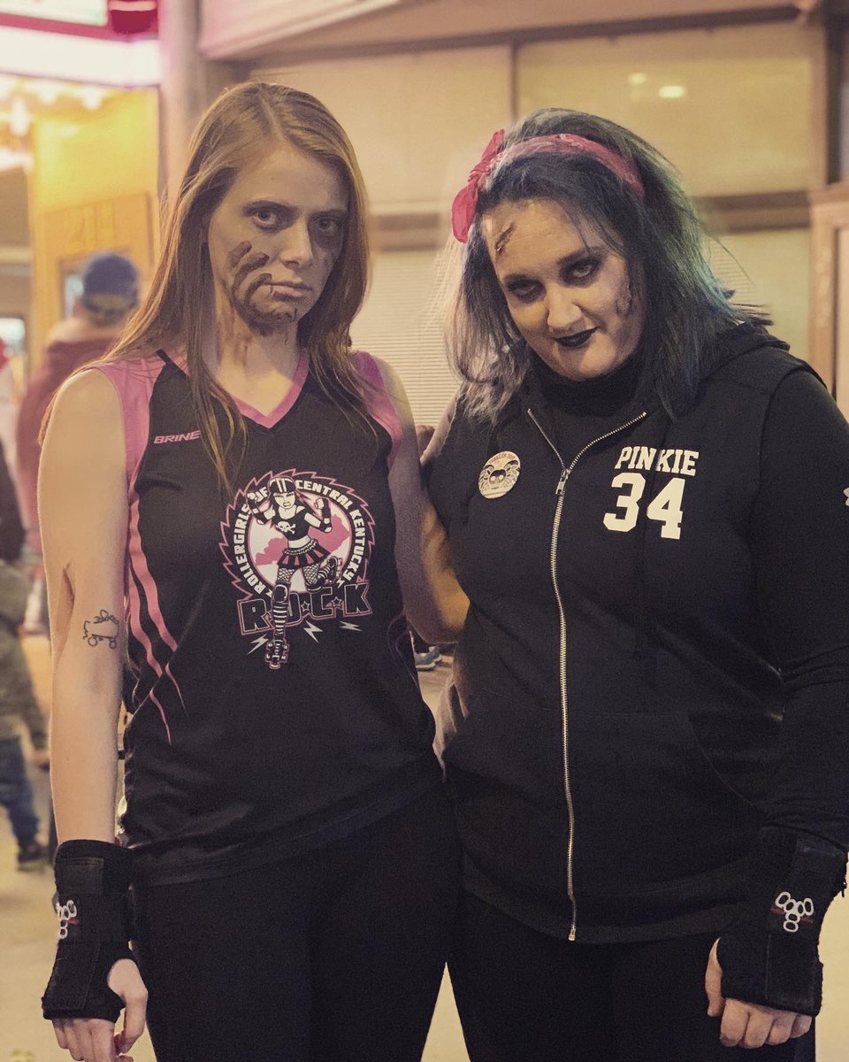 RollerDerbyCKY's tweet photo. Pinkie Brewser and Rocky Floor’er ROCKed out the zombie roller girl look tonight at our local Thriller parade. Can y’all believe they did that dance in SKATES?! Wow!Thanks for representing ROCK tonight, ladies! 🧟‍♀️ #rollerderby #rollerderbyofcentralkentucky #rollerderbyofcentralky https://t.co/Fco7rxvwVe