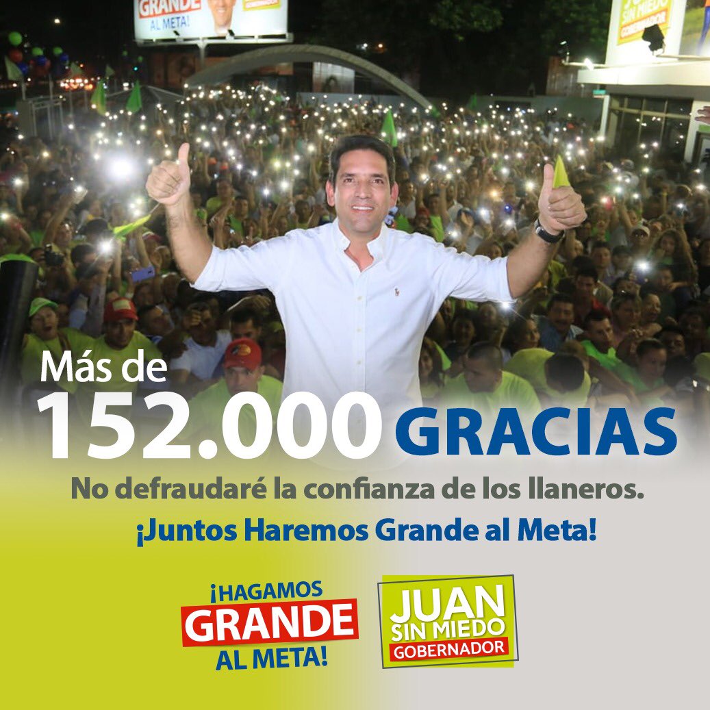 Gracias a todos de corazón. Ahora vamos a trabajar juntos para ¡Hacer Grande al Meta! .
#JuanSinMiedoGobernador #HagamosGrandeAlMeta #Elecciones2019