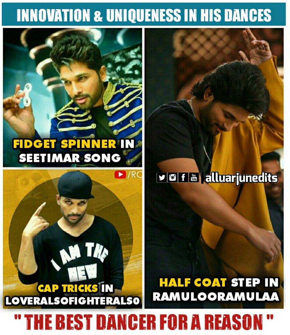 alluthanseer's tweet photo. #FidgetSpinner For #Seetimar in #DuvvadaJagannadham
#CapTricks For #LoverAlsoFighterAlso in #NaaPeruSurya
#HalfCoatStep For #RamulooRamulaa in #AVPL
#AlaVaikunthapurramuloo
This Shows His Innovation and Uniqueness In Dances..
The Best Dancer For a Reason
@AlluArjun 👌 https://t.co/Ru3za0URVo