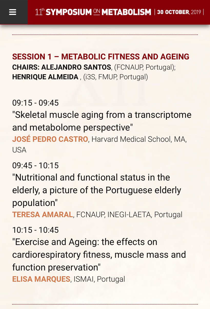 This week - 30 October - do not miss the 11th Symposium on Metabolism: Ageing and Metabolism - before your Halloween party! Check the program here smetabolismo.med.up.pt/index.php/prog…