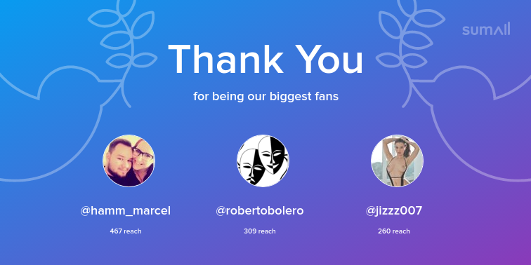 Our biggest fans this week: hamm_marcel, robertobolero, jizzz007. Thank you! via sumall.com/thankyou?utm_s…