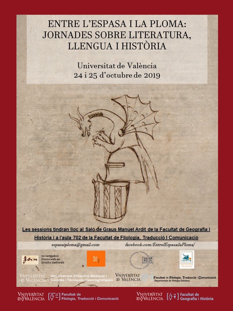 FiloCatUV's tweet photo. Aquesta setmana hem celebrat les Jornades Entre l'espasa i la ploma, organitzades per l'@AJILLC1 i els investigadors doctorands en Estudis Medievals, amb la col·laboració de @FiloCatUV i Departament d'Història Medieval i Ciències i Tècniques Historigràfiques. #Història #Filologia https://t.co/aHnuK9Z3tO