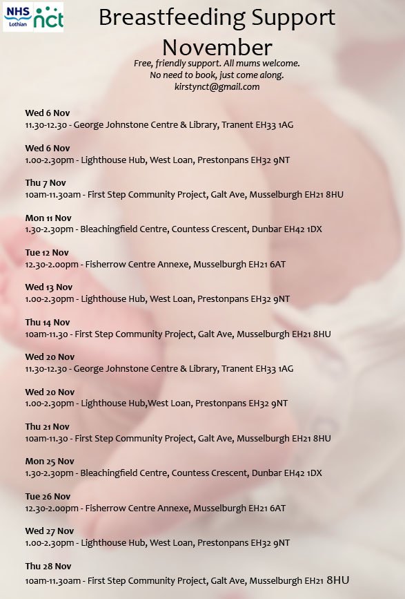 NCT East Lothian (@nct_eastlothian) on Twitter photo #Breastfeeding Support across #EastLothian for November - free, friendly and genuinely helpful. All mums welcome. #lothianloop <a href="/SupportfrmStart/">SupportFromTheStart</a> <a href="/PrestonpansSftS/">PrestonpansAreaSftS</a> <a href="/NHS_Lothian/">NHS Lothian</a> <a href="/Dunbarbreast/">Dunbar Bump Breastfeeding and Beyond</a> <a href="/EastLothianAP/">EL Area Partnerships</a> #Breastfeeding Support across #EastLothian for November - free, friendly and genuinely helpful. All mums welcome. #lothianloop <a href="/SupportfrmStart/">SupportFromTheStart</a> <a href="/PrestonpansSftS/">PrestonpansAreaSftS</a> <a href="/NHS_Lothian/">NHS Lothian</a> <a href="/Dunbarbreast/">Dunbar Bump Breastfeeding and Beyond</a> <a href="/EastLothianAP/">EL Area Partnerships</a>