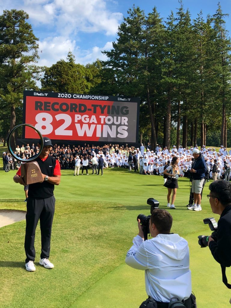 chuahcc's tweet photo. HISTORIC. What a week @zozochamp. First @pgatour event in Japan and @tigerwoods equals Snead’s 82-win record. Privileged to witness some amazing scenes with this crew @NicklausParker @Reimer_pgatour. Fun making funny faces. Onward to Shanghai #2down1ToGo #AsianSwing https://t.co/D7SAARnGE7