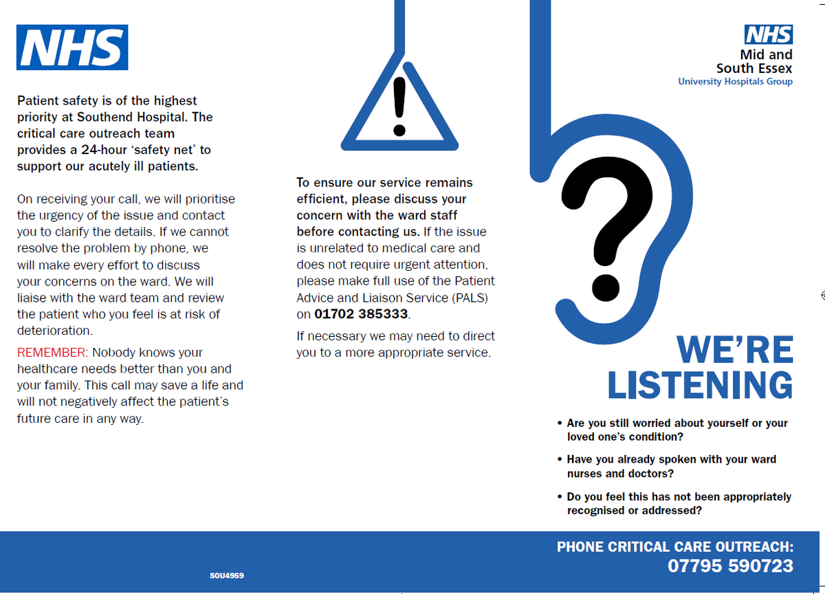 CCOT_Southend's tweet photo. It's finally here!! 🥳 Our new and improved We're Listening Patient Information Leaflet @SouthendNHS #callforconcern Ready for ordering from Office Depot. Please remove and ♻️ any old ones you see as they are now obsolete! Please spread the word. #patientsafety #spotdeterioration https://t.co/NnvQBeSo5q