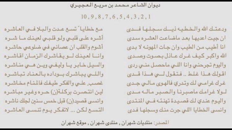 ربعي ال عجير وافخر لانشد رجنا عنا
قاطعين الكيل يوم(ن) العرب سمعً وطاعه

ساس عز وساس طيب و سعد من ضاق وزبنا
اشهد انه قام حظه والشقا صفط شراعه

لابتن يشهد له الضيفان والجار وزمنا
يكرمون الضيف يوم ان الزمن فقر ومجاعه

الشاعر : محمد بن مريع العجيري الشهراني