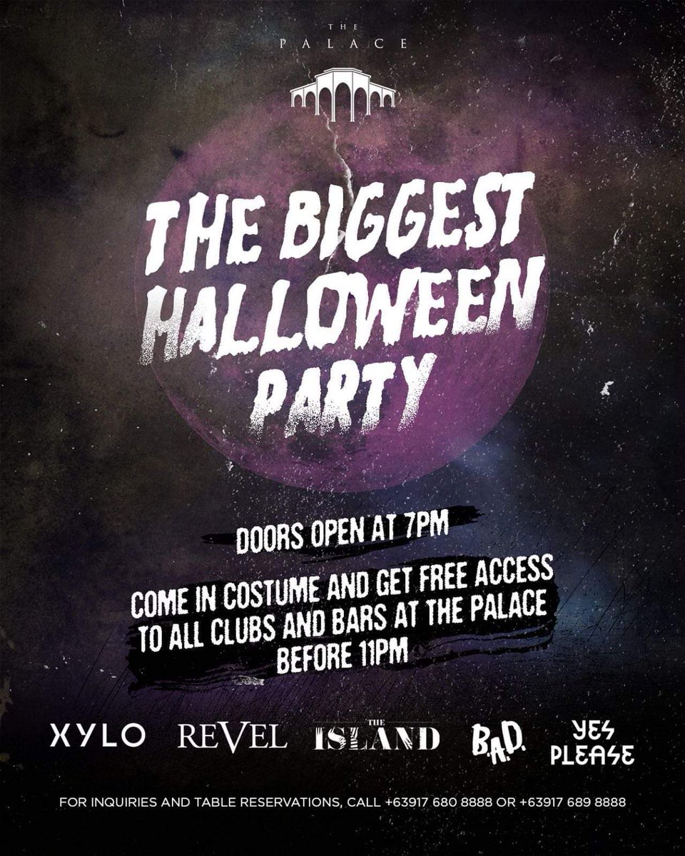 GV_Philippines's tweet photo. The BIGGEST Halloween Party of the year is happening this week at BGC! 👻💥 On October 31st, all roads will lead to The Palace Manila as we open our doors to EVERYONE! 💀 Come in costume and get FREE ACCESS to all our clubs and bars before 11pm! 🙌🏼 STRICTLY no costume, no entry. https://t.co/lv9XBkXFE1