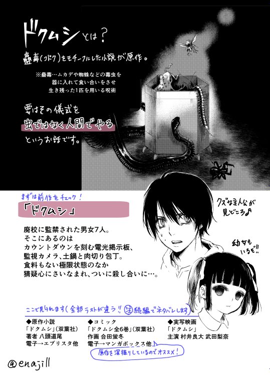 恵那 恋愛カリスマ連載中 V Twitter この漫画は 八頭道尾氏のネット小説が原作のコミカライズで ドクムシシリーズ の第2弾です 第1弾はコミカライズ 作画は別の方 と実写映画があります 未読でも大丈夫ですが 事件が繋がっているので 知っていた方がより 恵那 恋愛カリスマ連載中 V Twitter この漫画は 八頭道尾氏のネット小説が原作のコミカライズで ドクムシシリーズ の第2弾です 第1弾はコミカライズ 作画は別の方 と実写映画があります 未読でも大丈夫ですが 事件が繋がっているので 知っていた方がより