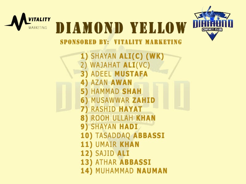 cricket_diamond's tweet photo. Diamond Super Six Cricket League 2019
We would like to announce the teams of the tournament.
Diamond Yellow Sponsored by Vitality Marketing
#DiamondSuperSixCricketLeague #CricketWeLoveYou #ClubCricket #DiamondYellow #2K19Vibes
@mfaisal_mirza @farhanwrites @ESPNcricinfo https://t.co/Mm342lB96k