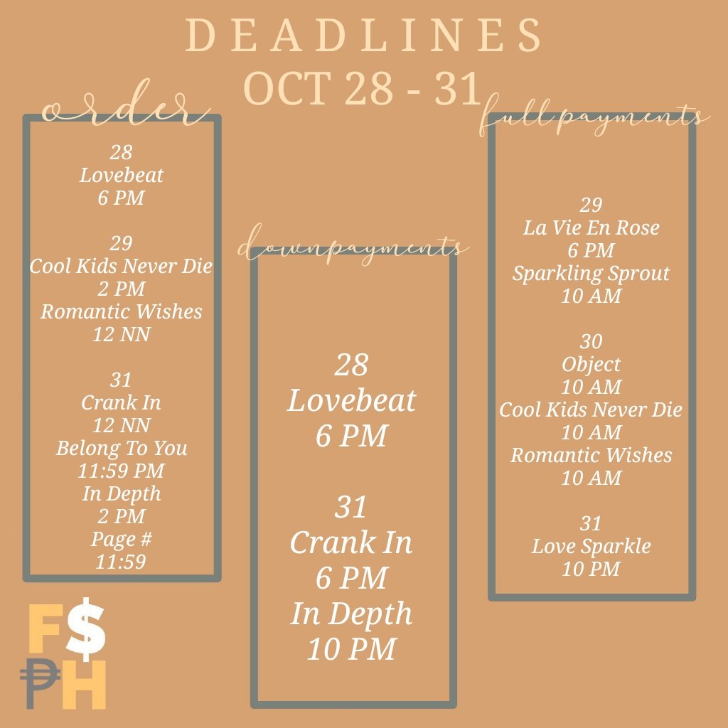 FansightPH's tweet photo. Deadlines for October 28 - 31 🧡 

#CHOIBYUNGCHAN #VICTON #AHNYUJIN #IZONE #PARKJIHOON #ONGSEONGWU #WANNAONE #HWANGMINHYUN #NUEST #JEONWOONG #AB6IX #HWALL #THEBOYZ #CHOSEUNGYOUN #X1 #UNIQ #JB #MARK #JINYOUNG #YOUNGJAE #GOT7 #FSPH https://t.co/9ubKcfVZix