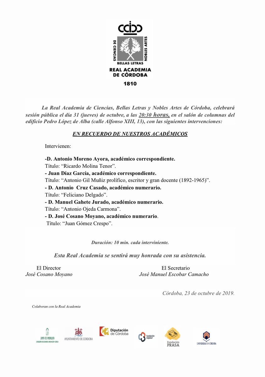 Sesión pública para este jueves día 31. EN RECUERDO A NUESTRO ACADÉMICOS