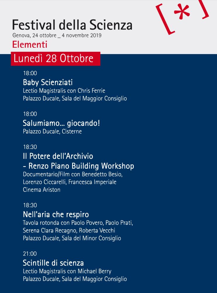 Ecco gli appuntamenti di Lunedì 28 al Festival della Scienza di #Genova. 
Scoprite il programma completo sul sito: buff.ly/2AomS5J
