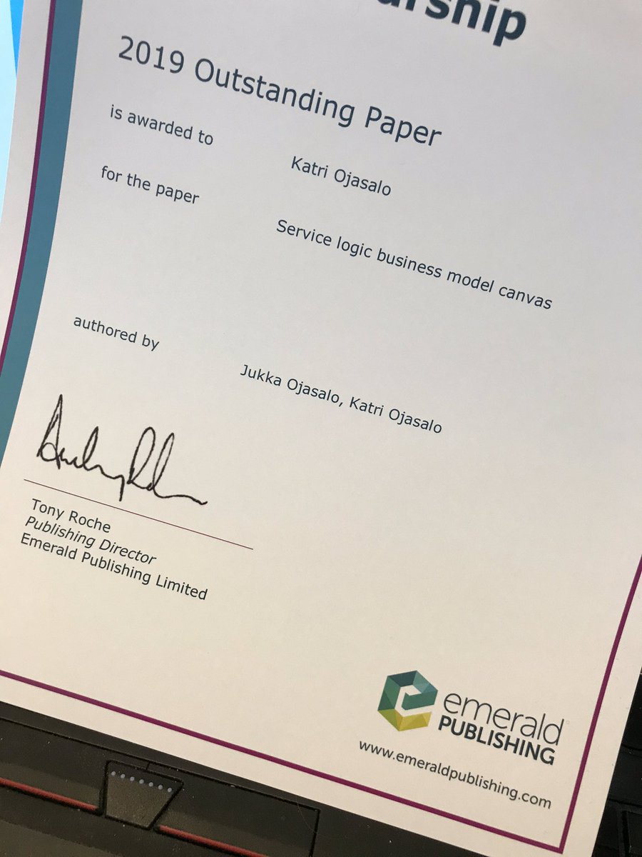 Our article Service Logic Business Model Canvas has been selected as an Outstanding Paper in the 2019 Emerald Literati Awards 😄 emerald.com/insight/conten… #sdlogic #bmgen #servicedesign
