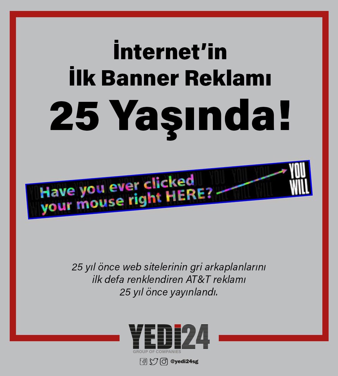 yedi24SG's tweet photo. #internet ‘in #ilk #banner #reklam ı #25Yaşında !    25 yıl önceki gri web arayüzlerini renklendiren, bugün bir meslek haline gelmiş #banner 25 yıl önce Amerikan AT&amp;T Operatörü için yayınlandı.. #firstbanner #first #advertising #reklam https://t.co/6BHEdaFKE6