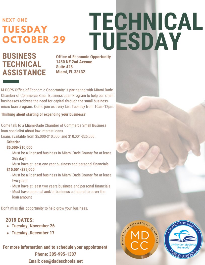 cpebamiami's tweet photo. Tomorrow is OEO's #TechnicalTuesday with the 
@Mia_DadeChamber

Reserve your spot at https://t.co/20zgMMIYNh

Every last Tuesday at the M-DCPS Office of Economic Opportunity
1450 NE 2nd Avenue, Suite 428
Miami, FL 33132

#GetCertified #MDCPSBizOpps #EconomicOpportunity https://t.co/mYrvwify8Z