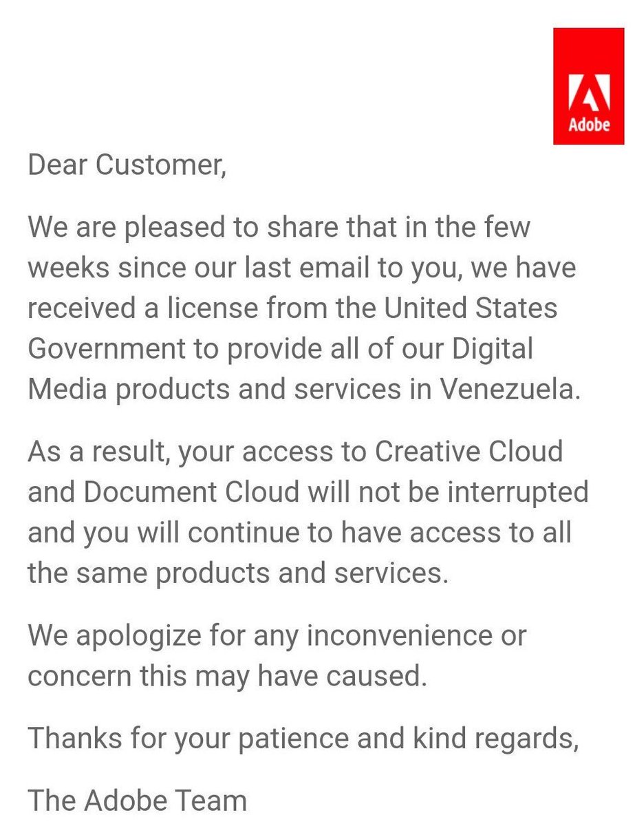 LuisCarlos's tweet image. Después de 3 semanas, Adobe revierte sus medidas contra Venezuela y podrá seguir operando tras recibir una licencia de Estados Unidos.
Significa que su usuarios podrán seguir trabajando y las sanciones se mantiene.
Esto es importante.
