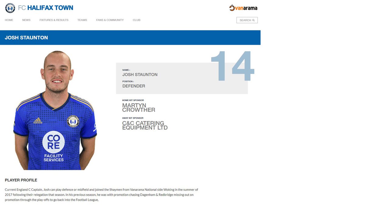 We’re pleased to announce we’ve sponsored the away shirt for <a href="/JoshStaunton55/">Josh Staunton</a> of FC Halifax Town!

Josh is a good friend of the business &amp; has played a pivotal part of <a href="/FCHTOnline/">FC Halifax Town</a>’s great start to the season, with Pete Wild’s #Shaymen currently sitting 3rd in the National League⚽️