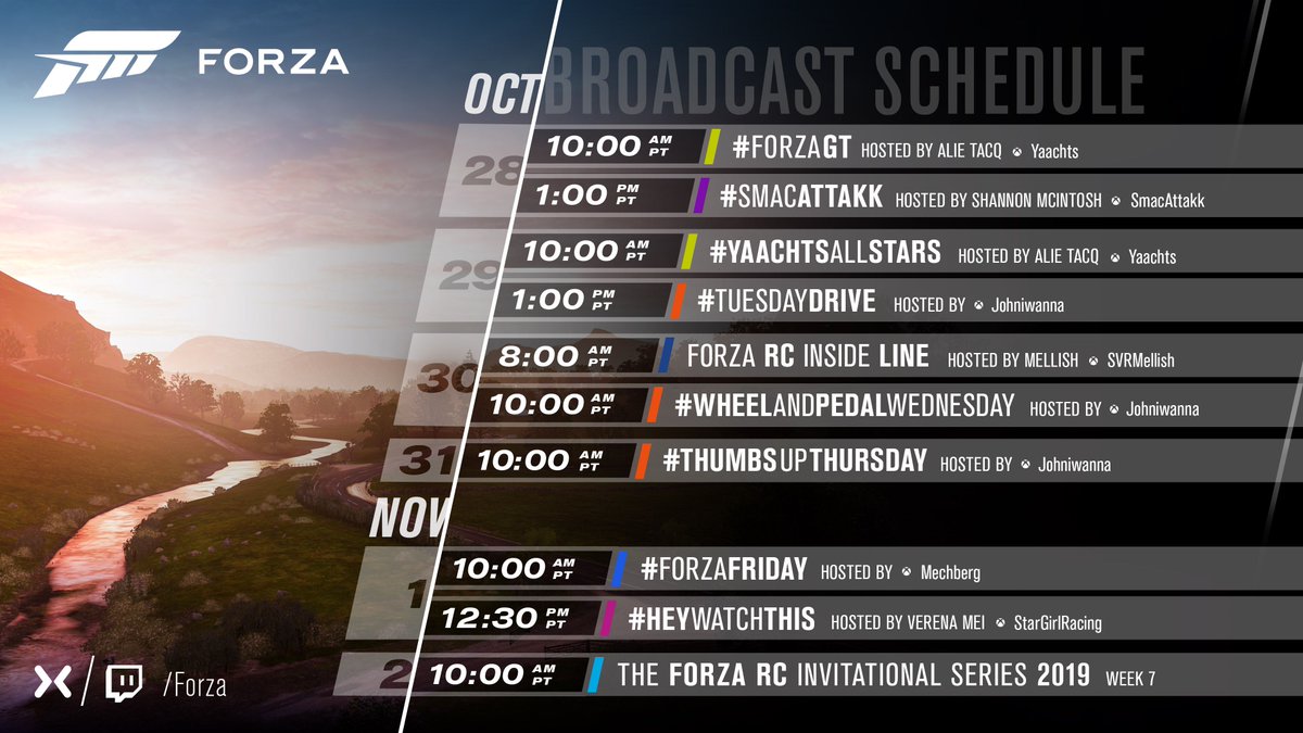 ForzaMotorsport's tweet photo. We're coming at you hard this week with more exciting episodes of your favourite streams. Take a look at our streaming calendar and make some notes in your diary! Up today we have #ForzaGT with @AlieTacq, followed later on by #SmacAttakk with @SHANNON_MAC. https://t.co/RFcsIRzyKk https://t.co/jKVk2OVyam