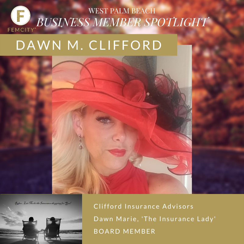 FemCityWPB's tweet photo. {BUSINESS SPOTLIGHT}  

Meet Dawn M. Clifford, Board Member, as November's Business Spotlight. Come meet her at the next luncheon.

Dawn's tagline: Tailoring Your Insurance Needs is My Specialty.

Register now for the next luncheon: https://t.co/OFPnK8vFy2 https://t.co/NbOkDUIfH3