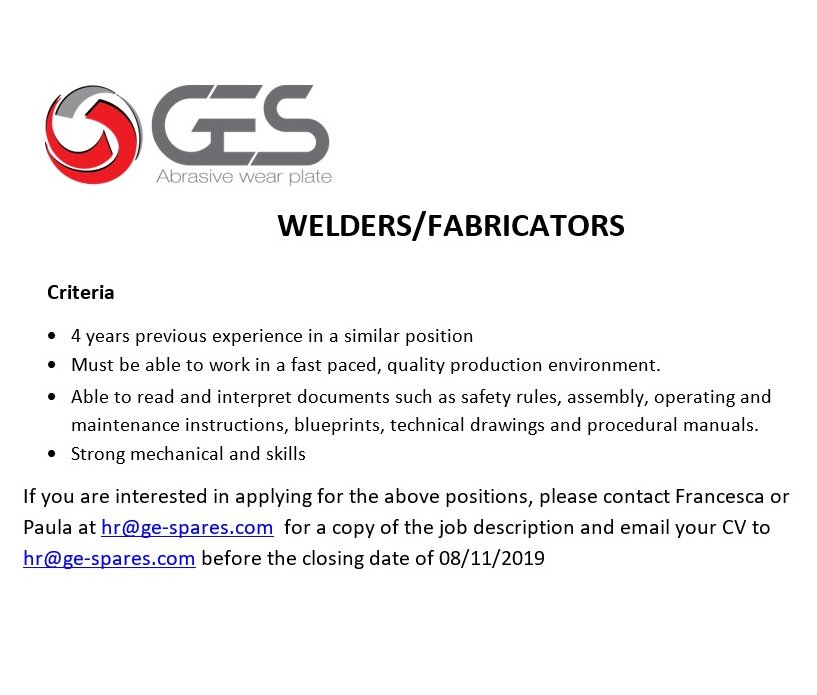 GES_LTD's tweet photo. We are looking to recruit Welders &amp; Fabricators due to increased expansion. Generous rates of pay will be offered based in experience. Email CV to hr@ge-spares.com https://t.co/c5cIvfJfIr