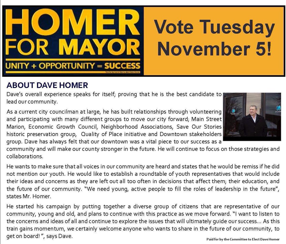 HomerFor's tweet image. electhomer.com                            #davehomerformayor @davehomerformayor  GET OUT AND VOTE 🗳 Tuesday November 5th 🇺🇸                                                   Unity + Opportunity = Success