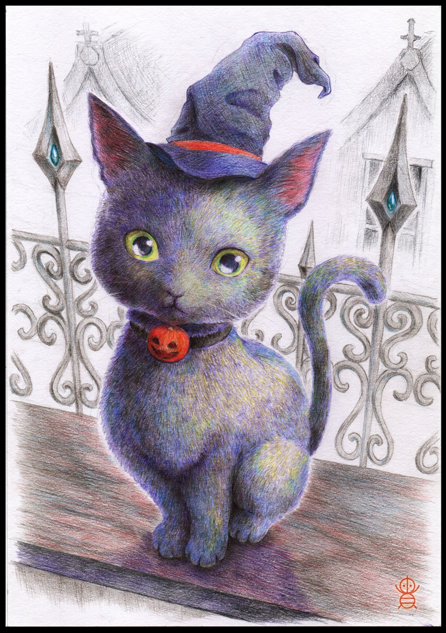 貴房 Twitterren 色鉛筆でハロウィンねこさんを描きました O 10 27に催された地元イベント ハウス De ハロウィン で 似顔絵と傷メイクのお客様にはこの絵のポストカードをプレゼントしました 鉛筆画 色鉛筆画 黒猫 イラスト好きな人と繋がりたい