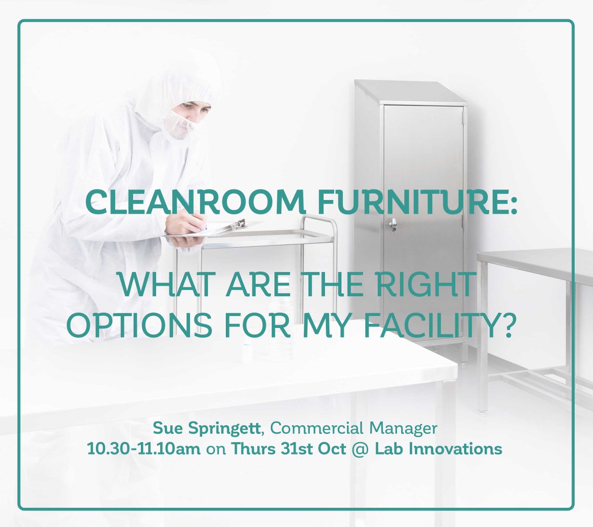 Teknomek's tweet photo. Our commercial manager Sue Springett will be speaking at 
@LABINNOVATIONS this Thursday. If you're going and would like to meet, get in touch. #labinnovations #cleanroomdesign #hygienicfurniture https://t.co/T5Ut1hNFuS
