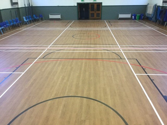 Here's an UPDATE on the JHS 'Design Works' #LVT assembly hall #flooring fitted by Lawrie Floors at <a href="/Paisley_Grammar/">Paisley Grammar School</a> #school  NOW complete with painted sports lines by Iain McMorran. #schools #sportshalls
