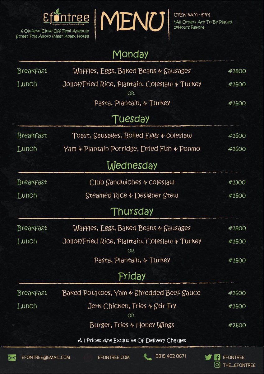 efontree's tweet photo. Itโs lunchtime already. Why not grab yourself a meal from this wonderful menu. For as low as #1,600 you can get yourself a well deserved lunch #efontree #Foodies #foodblogger #middayrush #foodnetworkkitchen https://t.co/CDy1XUpmVD