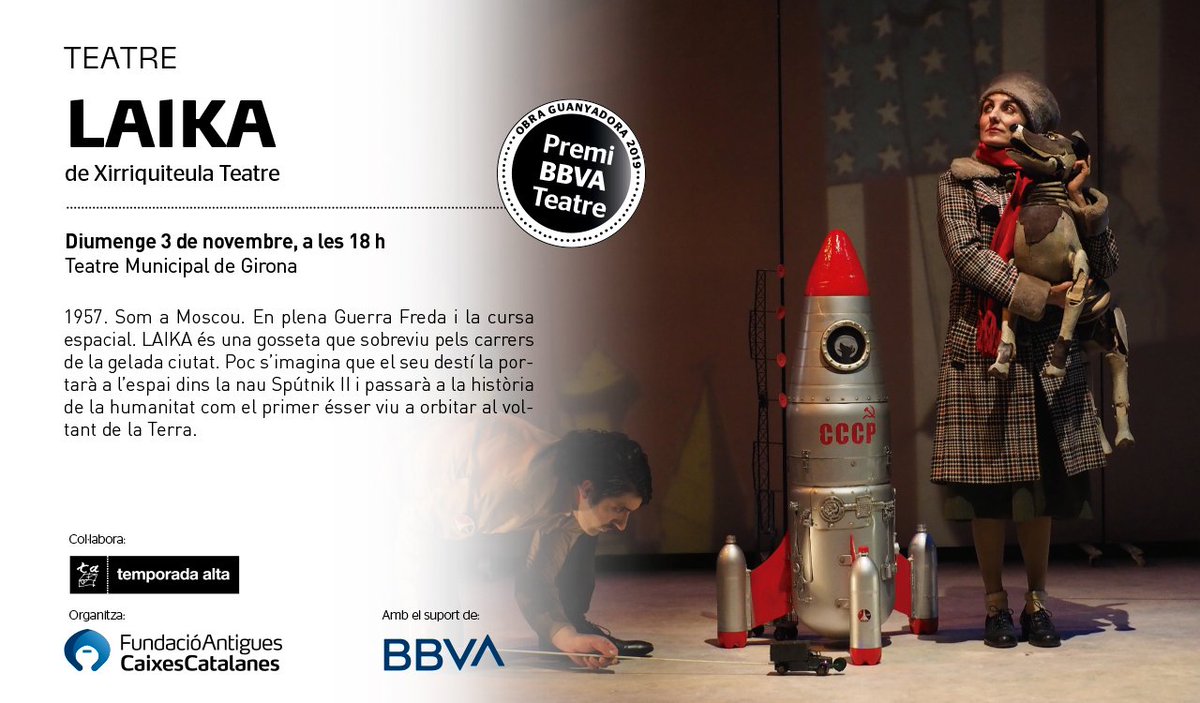 Iniciem la gira del <a href="/PTeatre/">Premi BBVA de Teatre</a> 2019, Laika de la companyia <a href="/xirriquiteula/">Xirriquiteula Teatre</a> a <a href="/temporadaalta/">Temporada Alta</a>.
Aquest diumenge, 3 de novembre, a les 18 h al 
<a href="/teatre_gi/">Teatre Municipal de Girona</a> #TeatreGirona
Més informació i entrades a: temporada-alta.com/event/laika/
#teatre #espectacles #premis #Girona