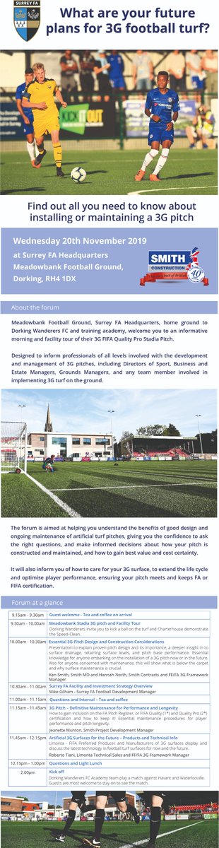 SmithSportsCivi's tweet photo. What are your future plans for 3G football turf?

Join us at Meadowbank Football Ground for an informative morning and facility tour of their 3G FIFA Quality Pro Stadia Pitch.

Register your interest here ---> https://t.co/gdqqJQEefS

@surreyfa @DorkingWDRS https://t.co/nnDb1lMnGx