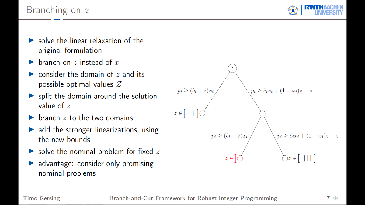ArieMCAKoster's tweet image. By branching on the discrete values the continuous z-variable can take, we can add valid inequalities that close the gap between the bilinear and the linear formulation. See screenshots! #orms #robustoptimization #informs2019