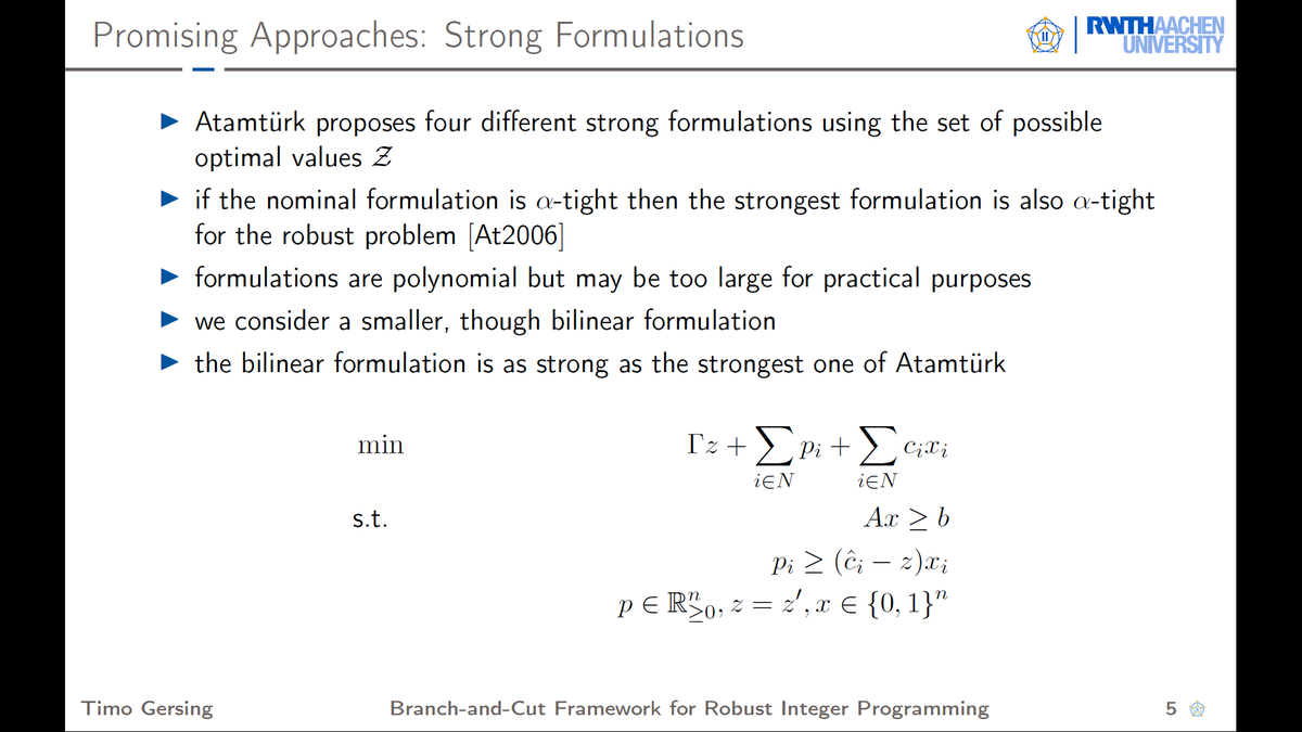 ArieMCAKoster's tweet image. By branching on the discrete values the continuous z-variable can take, we can add valid inequalities that close the gap between the bilinear and the linear formulation. See screenshots! #orms #robustoptimization #informs2019