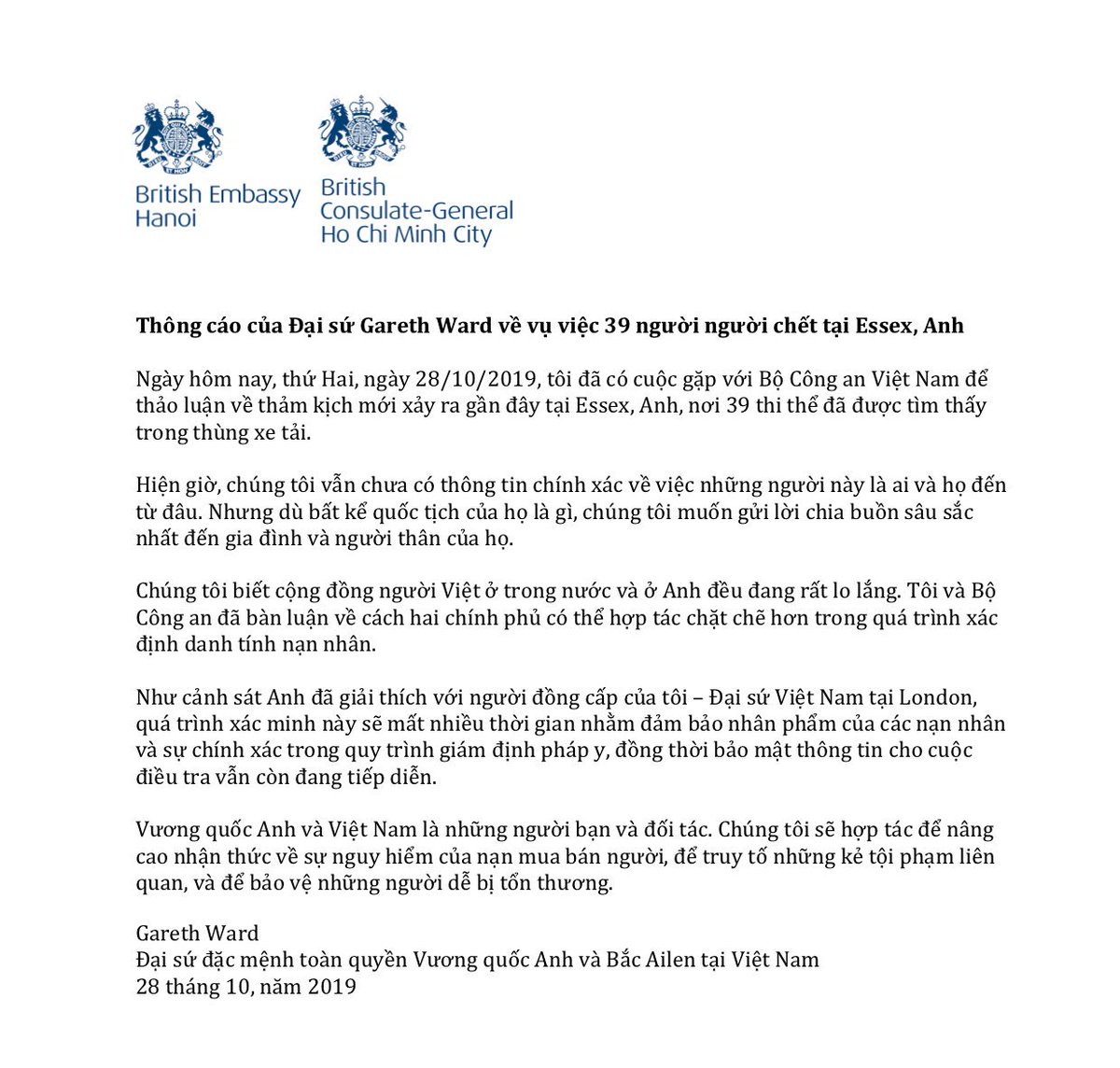 Uk In Vietnam On Twitter Statement On 28 October By British Ambassador To Vietnam Garethwarduk On The Deaths Of 39 People In Essex Uk Vietnamese Statement To Follow In Thread Nca Uk Mofavietnam