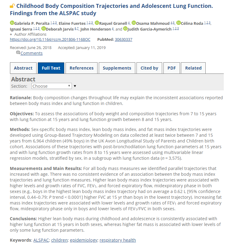 Gabriela P. Peralta (@gabriela___p) on Twitter photo Our paper "Childhood body composition trajectories and adolescent lung function: Findings from the #ALSPAC study" is now available #OpenAccess
➡️ bit.ly/2JqLSxa
<a href="/judithgarciaaym/">JudithGarciaAymerich</a> <a href="/AlecStudy/">The ALEC Study</a> <a href="/CO90s/">Children of the 90s</a> <a href="/ATSBlueEditor/">ATS Blue Journal</a> Our paper "Childhood body composition trajectories and adolescent lung function: Findings from the #ALSPAC study" is now available #OpenAccess
➡️ bit.ly/2JqLSxa
<a href="/judithgarciaaym/">JudithGarciaAymerich</a> <a href="/AlecStudy/">The ALEC Study</a> <a href="/CO90s/">Children of the 90s</a> <a href="/ATSBlueEditor/">ATS Blue Journal</a>
