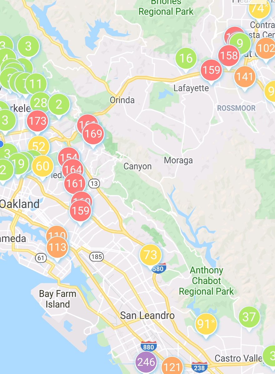 Map screenshot - west oakland green for now, but east oakland and piedmont in the red, Hayward hitting purple