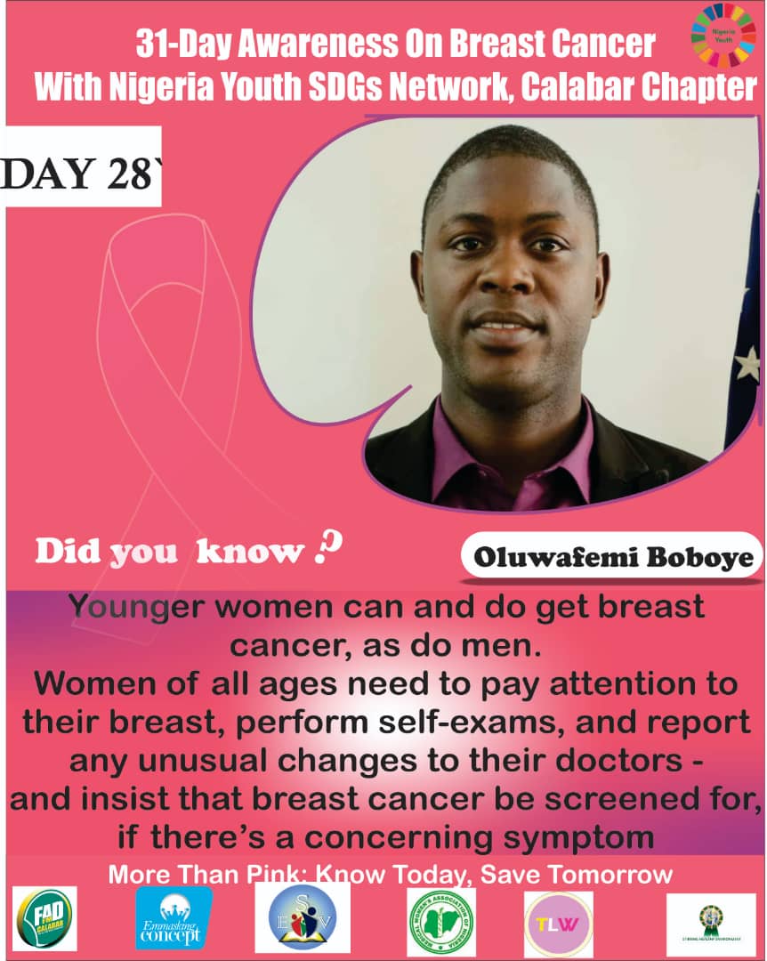 GoodnessOdey's tweet photo. Breast cancer is not only associated with older women. Young women are also at risk. Know Today, Save Tomorrow.
#BreastCancerAwarenessMonth
#Day28
#breastcancerawareness
#BreastCancer
#PinkMonth
#MoreThanPink
#SDG3
#Oct_28
#KnowTodaySaveTomorrrow
@NGYouthSDGs https://t.co/mOFJqAgWnR