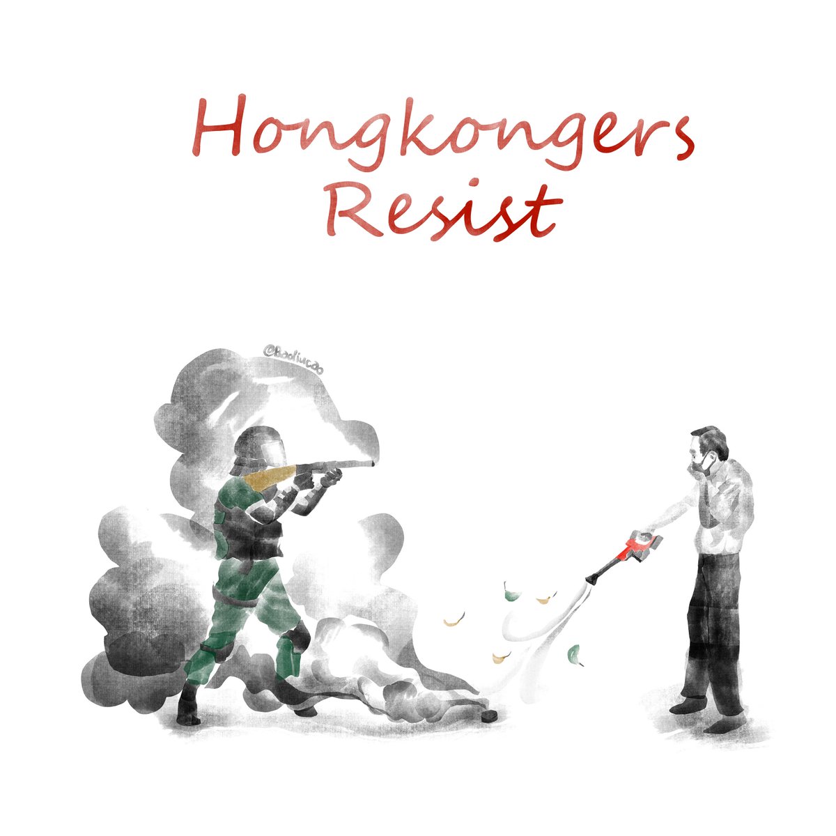 badiucao's tweet photo. This work is inspired by HongKongers‘ new way to deal with tear gas via a Leaf blower 🌀
Creativity and humor are keys to resist Beijing‘s fragile tyranny.
The harder we laugh,the sooner #Chinazi will collapse😁
#StandWithHongKong #FreedomHK #HKers https://t.co/QXoYcblCj6